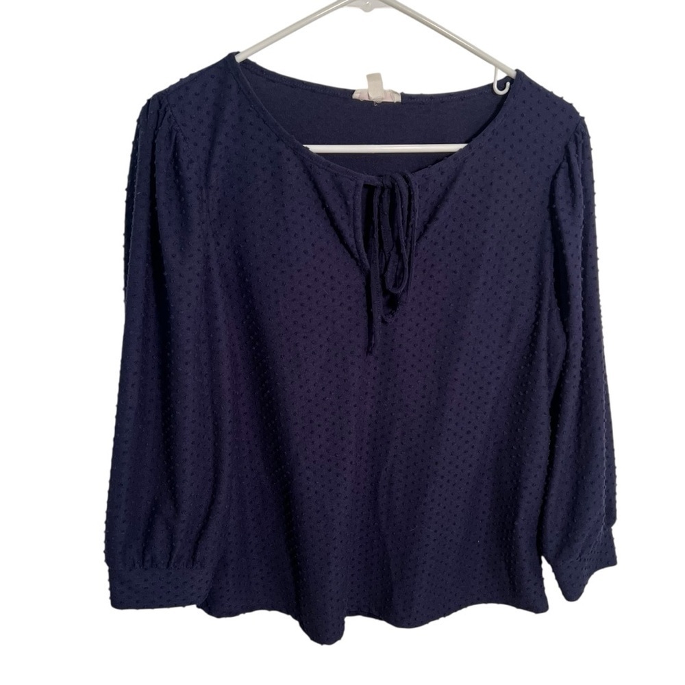 Riley & Rae Women's Size Large Blouse Navy Blue Clip Dot Tie Neck Long Sleeve